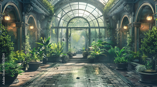 Tranquil Pathway Through a Lush Greenhouse, Inviting Visitors to Explore the Rich Diversity of Plants in a Tropical Setting