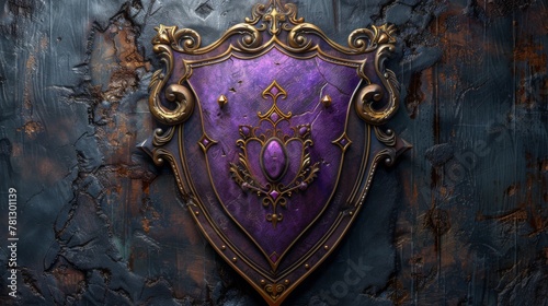 Three-dimensional digital illustration of a fantasy ancient coat of arms with purple blades gilded with silver and a purple shield with gold edging