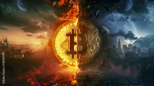 Bitcoin (BTC) halving, broken bitcoin, cryptocurrency. photo