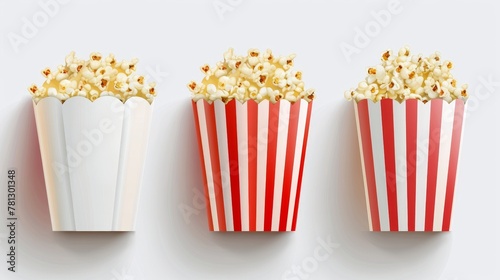 A modern realistic mock up of striped paper boxes for popcorn isolated on a white background, blank square and round packs for popcorn, chicken, potato and snacks in a movie theater. photo