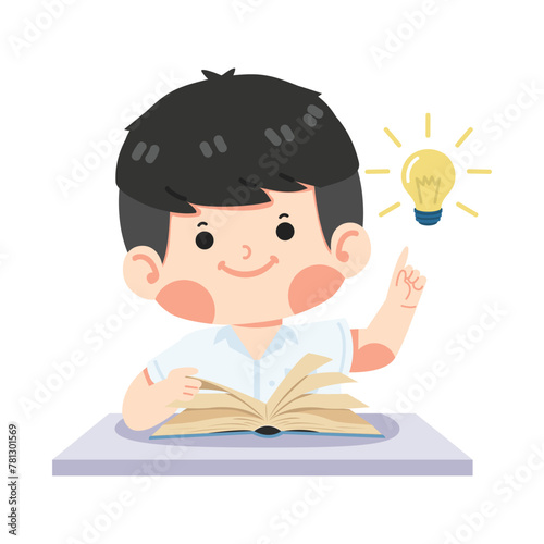Kid student reading book with idea lamp © focus_bell