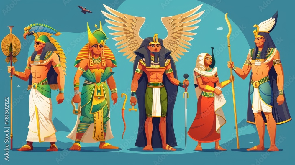 The Egyptian god Amun, Osiris, the king and queen with falcon heads, the god Horus, and the goddess Cleopatra. Modern cartoon characters from the Egyptian mythology.