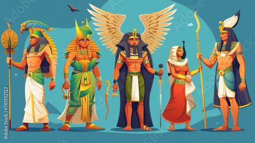 The Egyptian god Amun, Osiris, the king and queen with falcon heads, the god Horus, and the goddess Cleopatra. Modern cartoon characters from the Egyptian mythology.