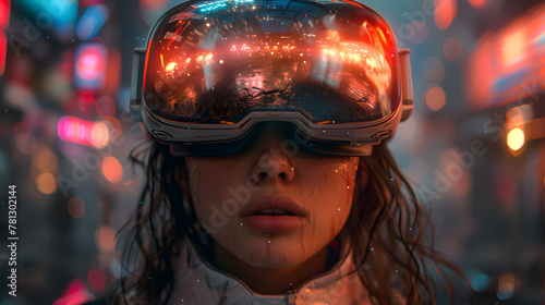 Virtual Reality Experience, Futuristic Woman Wearing Augmented Reality Glasses in VR Simulation. Exploring Cyber World, Future Tech Adventure by Gadgets.