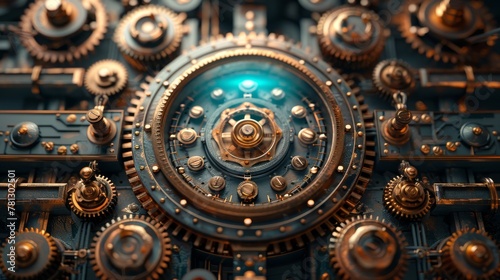 An illustration of a complex gear mechanism and a blue background depicts a vintage steampunk banner
