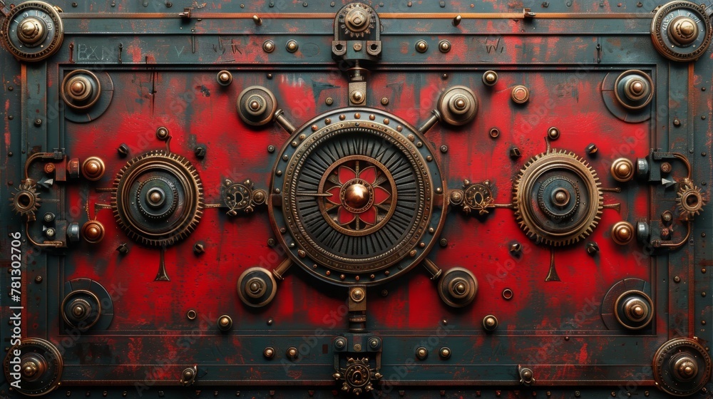 A steampunk red decorative panel depicting intricate clockwork mechanisms in 3D