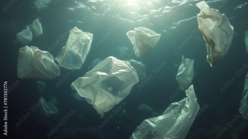 Fototapeta premium Plastic bags floating underwater with light filtering through the water from above
