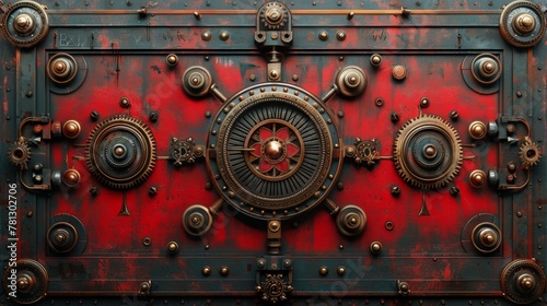 A steampunk red decorative panel depicting intricate clockwork mechanisms in 3D