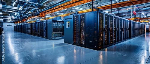 A modern data center facility housing rows of servers, storage arrays, and backup systems, with technicians monitoring operations from a central control room equipped with advanced monitoring tools