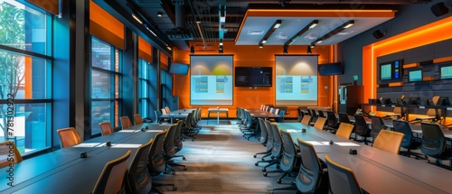 A sleek and modern corporate training center featuring interactive learning modules, virtual classrooms, and gamified simulations, showcasing how modern businesses invest in technology photo