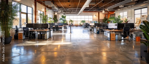 A sleek and modern coworking space with flexible workstations, high-speed internet access, and secure networking infrastructure, catering to the needs of modern businesses and entrepreneurs who priori photo