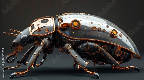 Illustration of a 3D brass steampunk mechanical beetle with ornamental metal bars © Антон Сальников