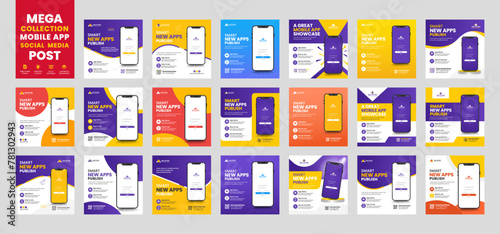 Mobile app promotion social media post banner template. Mega collection of 20 social media post design template