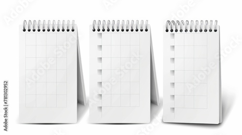 Realistic 3d modern illustration of a calendar with blank pages and a spiral binding. Desktop vertical paper calendar mock up front and side views. Agenda, almanac template. photo