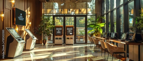 lobby featuring self-check-in kiosks, keyless entry systems, and personalized concierge services powered by AI technology, demonstrating how modern hospitality businesses leverage technology