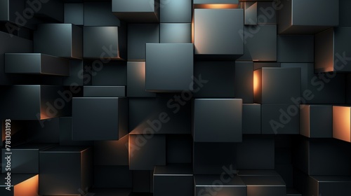 Wall of dark metal cubes in 3D industrial art style, 3D rendering © May