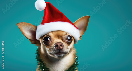 A bright-eyed Chihuahua adorned with a shiny green tinsel collar and red Santa hat  against a teal backdrop  embodying Christmas joy.