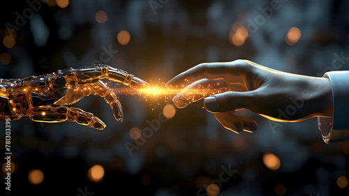Human and robot hands with sparkling connection point against bokeh lights background. Artificial intelligence and futuristic human-robot interaction concept