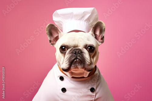 French bulldog in chef hat and coat on pink, a picture of culinary cuteness. © Sascha