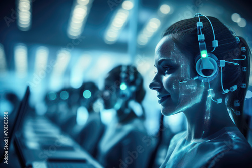 Cybernetic operator with glowing headset in neon-lit futuristic call center, symbolizing advanced AI support.