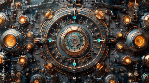 Illustration of a steampunk clockwork mechanism in 3D