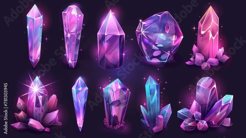 Isolated crystalline mineral, magic crystal light, purple or pink gem stones. Realistic 3D icons set of precious or semiprecious gemstones. photo