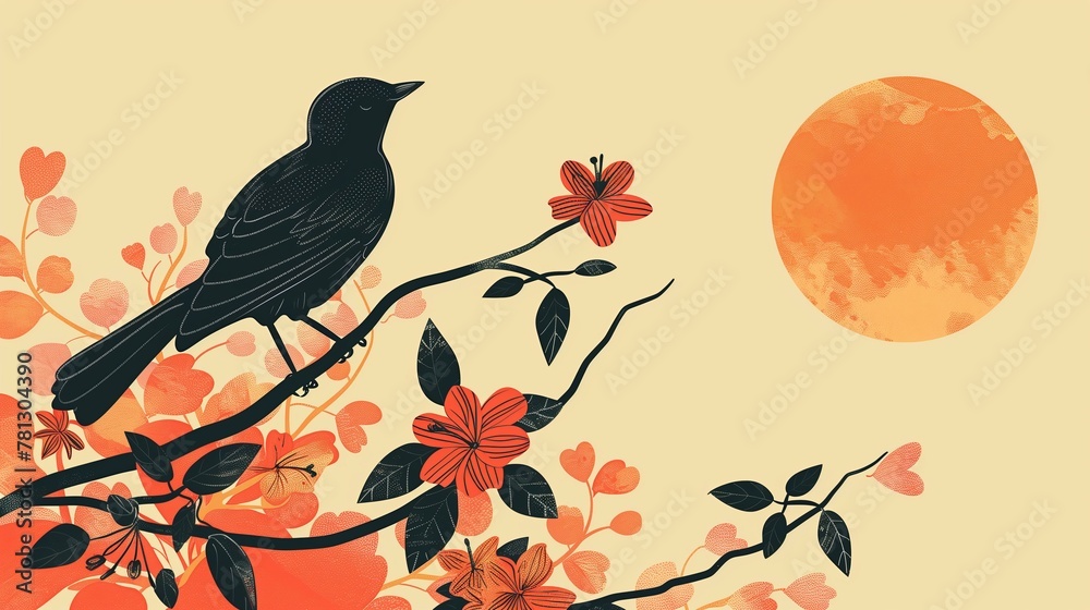 Sinhala New Year Erythrina Fusca Flowers with black Asian koel bird and a sun, flat illustration - obrazy, fototapety, plakaty 
