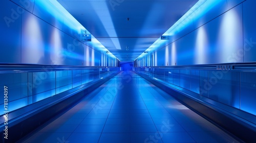 A sleek, illuminated corridor with blue lighting, evoking a high-tech, futuristic feel