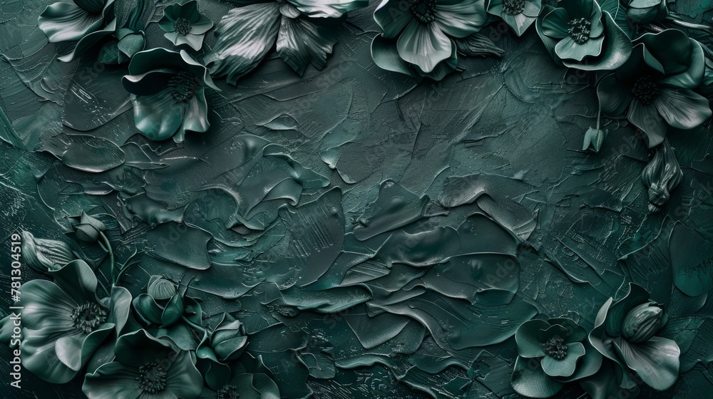 Dark green decorative texture of plaster wall with volumetric decorative flowers.