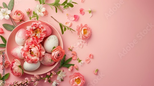 Floral oval adorned with Easter eggs and flowers, viewed from above. Minimalist pastel background with space for text