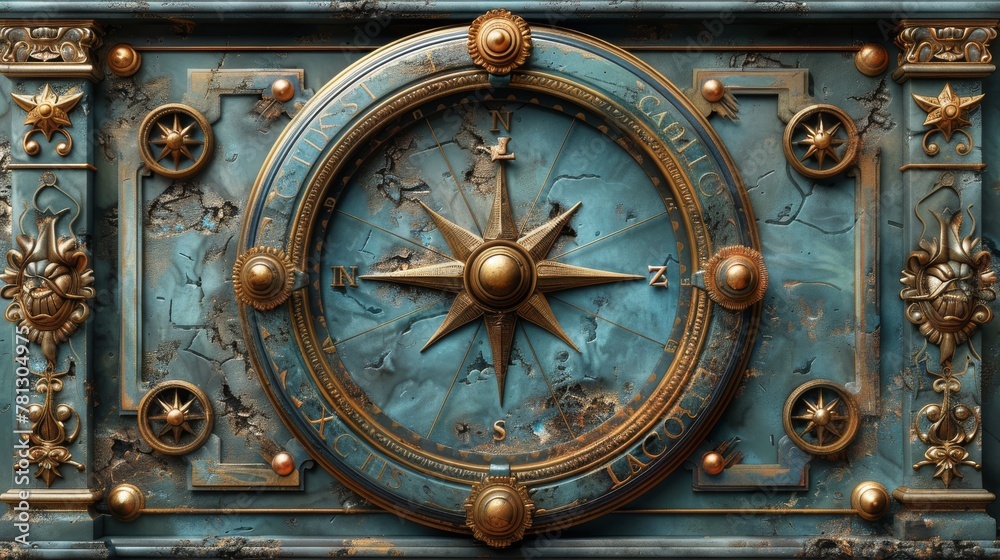 A beautiful aged paper frame with a steampunk fantasy compass illustration in 3D.