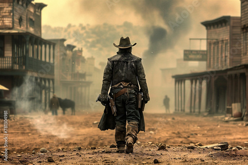Gunfighter and a Western Town.  Generated Image.  A digital rendering of a gunfighter in an old western town. photo