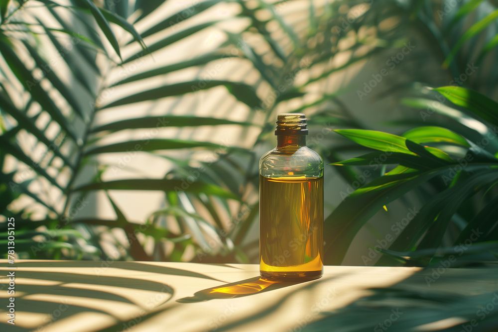 Background for the image of a bottle with serum surrounded by nature with the shadow of a palm tree Background for the image of a bottle with serum surrounded by nature with the shadow of a palm tree