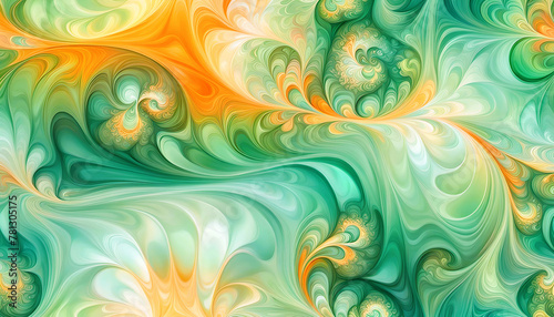 maritim abstrakte Vorlage Hintergrund, geschwungen dynamisch natürlich in grün orange Perlmutt glänzend, Spiralen Kreise wie Muschel Schnecke, bewegt kurvig wellig schneckenförmig Meer