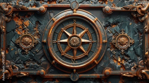 The frame is made of aged copper with clockwork mechanisms and 3D illustrations of a fantasy compass.