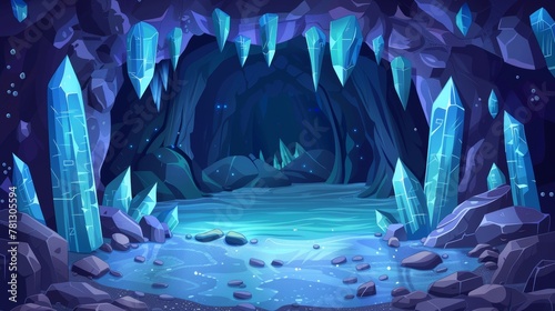 Cartoon illustration of empty stone cavern with stalactites and a lake or river. Old mountain grotto inside this underground rocky cave. © Mark