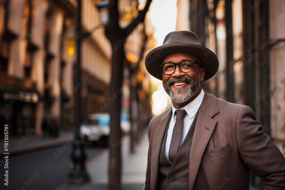 Portrait of a handsome bearded successful senior African-American businessman, lawyer, doctor, banker walking in the street in elegant suit, looking to the side with a smile.