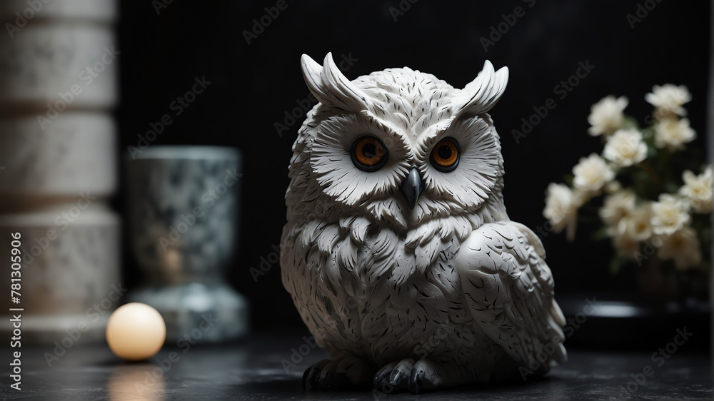 Obraz premium white marble owl statue on plain black background from Generative AI