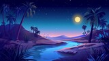 A night oasis under a full moon starry sky. Cartoon landscape with river, sand dunes, palms, and plants. A deserted sahara landscape with panoramic 2D views.