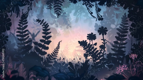 Enchanted Twilight Forest Silhouettes Against Vibrant Sky.