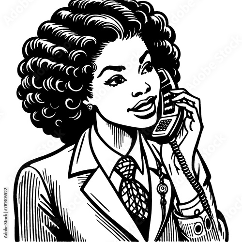 businesswoman talking on a telephone, exuding 1950s professional style sketch engraving generative ai fictional character PNG illustration. Scratch board imitation. Black and white image.
