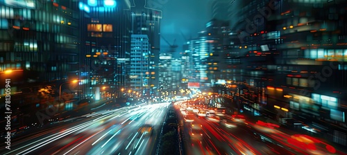 Urban highway with city lights at night, in the style of light teal and light red, photo-realistic landscapes, rollerwave, captivating cityscapes, photo-realistic hyperbole, blurred landscapes