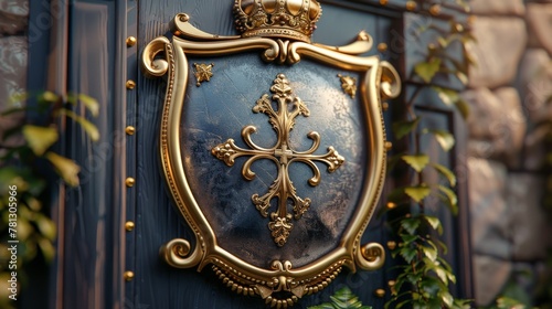 A gorgeous fantasy heraldic shield with a crowned helm made of gold
