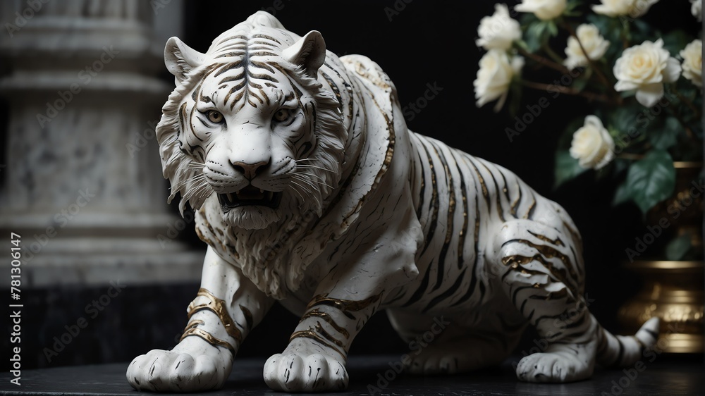 white marble tiger statue on plain black background from Generative AI