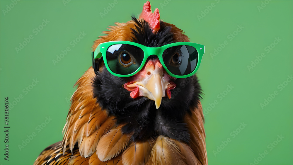 Fototapeta premium a rooster with glasses on a green background. background for postcards, banners, and advertisements