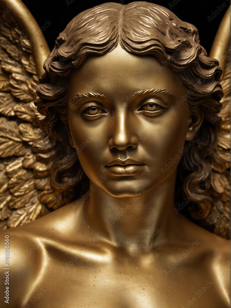gold angel statue on plain black background close-up portrait from Generative AI gold angel statue on plain black background close-up portrait from Generative AI