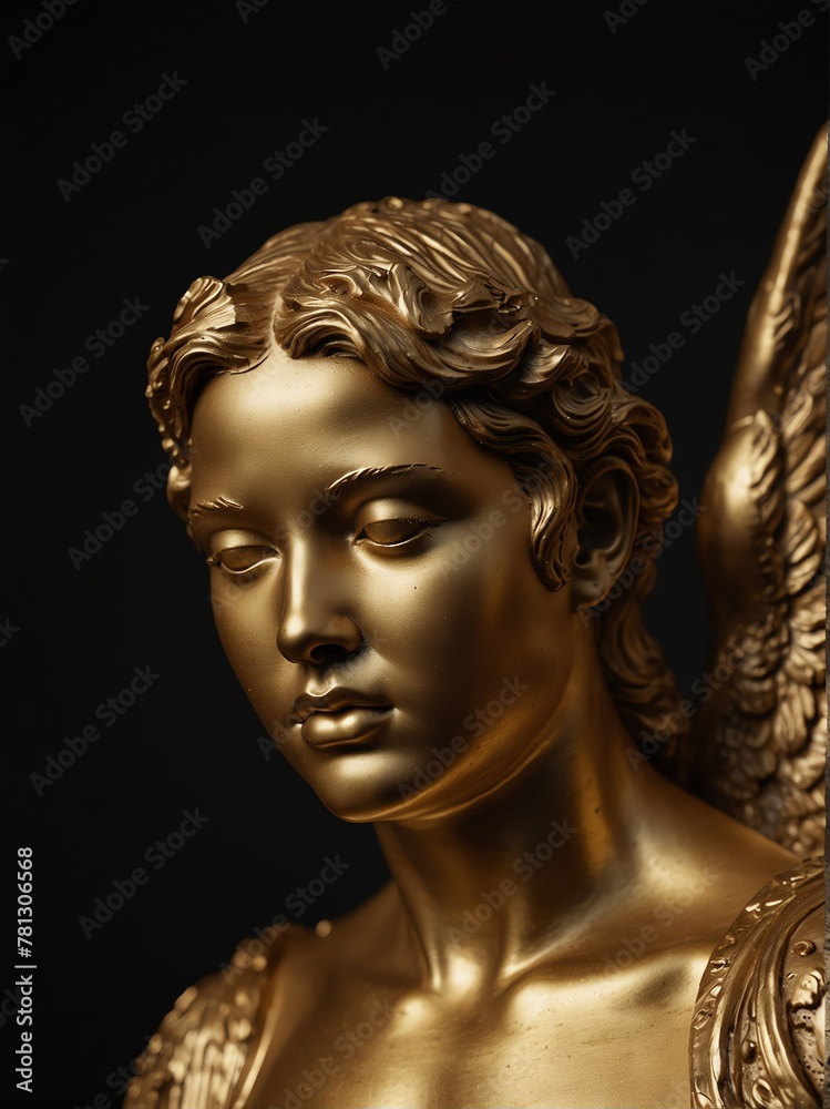 gold angel statue on plain black background close-up portrait from Generative AI