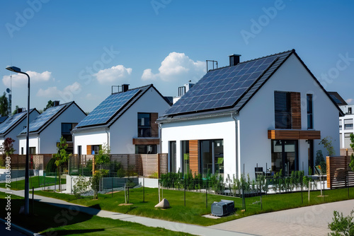 Residential area with white modern family eco houses with solar panels on the roofs. Renewable solar energy concept