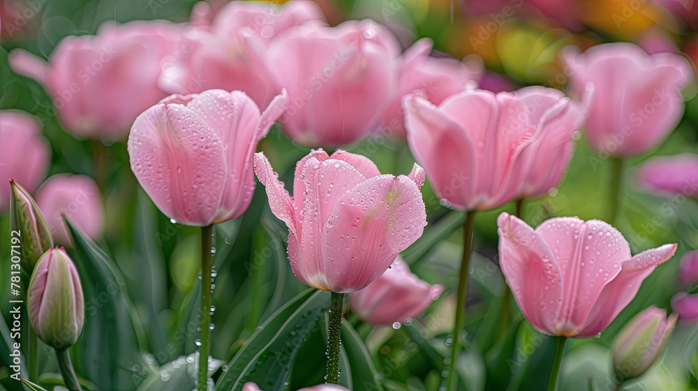 Fototapeta premium Morning Dew Pink Tulips Garden Awakening