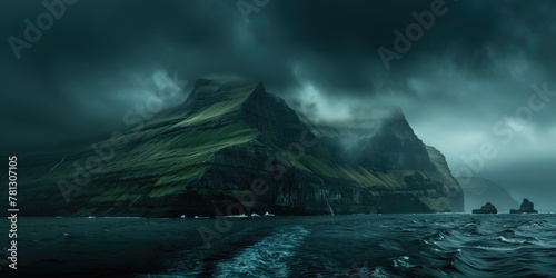 Dark Green Mountain in the Faroe Islands, Majestic Faroe Islands Landscape with Dark Green Mountains for Travel Photography, Mystical and Moody Atmosphere.